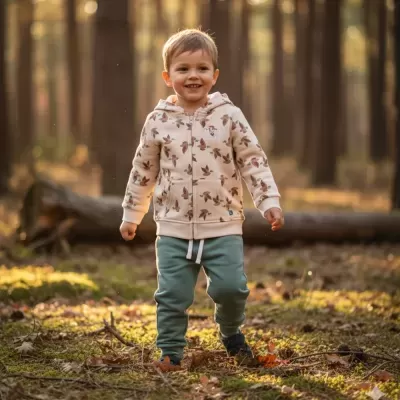 Criança em casaco com padrão de folhas e calças verdes em floresta