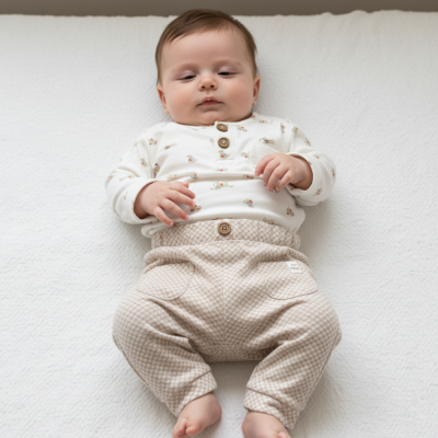 Bebé com roupa creme com botões e calças beges com padrão pied-de-poule