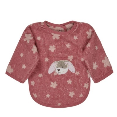 Babete para bebé cor rosa com padrão de flores e aplique de coelho