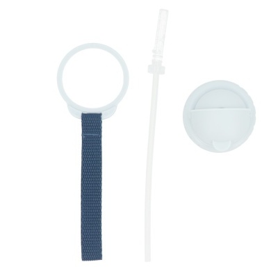 Peças de garrafa branca com alça azul e tubo transparente