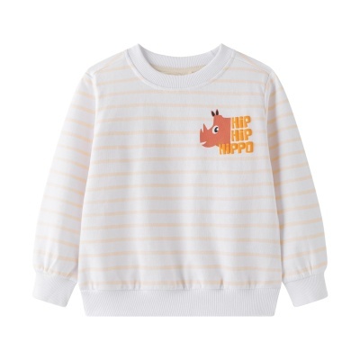 Sweatshirt infantil branca com riscas bejes e estampa de rinoceronte laranja com texto