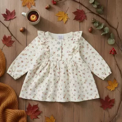 Vestido infantil creme com flores castanhas e botões azuis, decorado com folhos, sobre mesa de madeira com folhas de outono e caneca com maçã.
