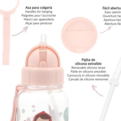 Garrafa de plástico com tampa rosa e palhinha de silicone