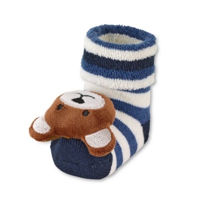 Meia de bebé com riscas azul, branco e preto e ursinho castanho em tecido macio na sola