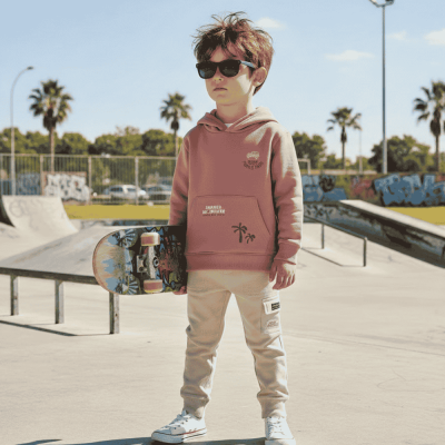 Menino com hoodie rosa, calças bege e óculos de sol, segurando skate em parque de skate