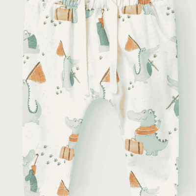 Calças de criança com padrão de crocodilos e cordão branco