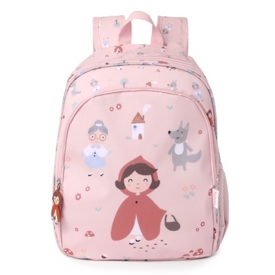 Mochila infantil rosa com padrão ilustrado do Capuchinho Vermelho.