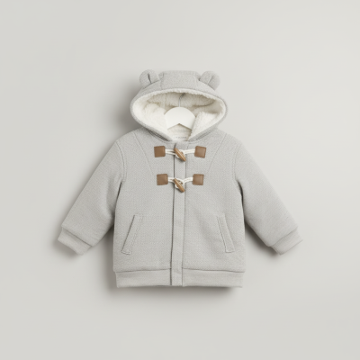 Casaco cinzento claro para bebé com capuz e fechos em madeira