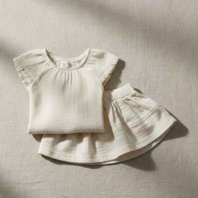 Conjunto infantil creme com t-shirt de manga curta e saia texturizada