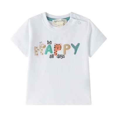 T-shirt branca de bebé com estampado colorido e texto sobre felicidade