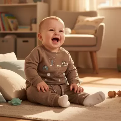 Bebé feliz sentado no chão com roupa castanha e desenhos de cães.