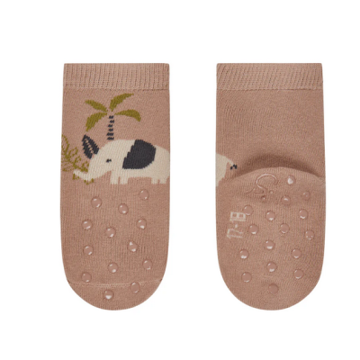 Meias infantis cor de rosa com elefante e pontos antiderrapantes.