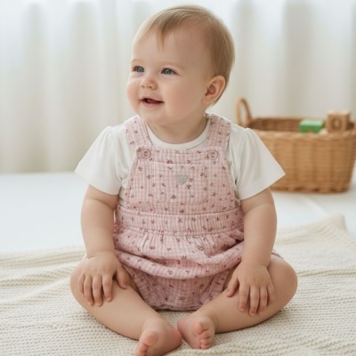 Bebé sentado com jardineira rosa com flores e body branco