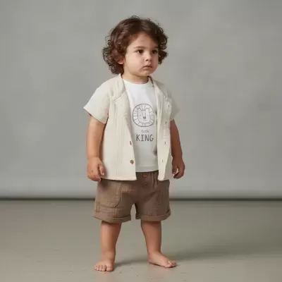 Criança com roupa de verão bege e castanha, camisa, calções e t-shirt com desenho de leão e texto.