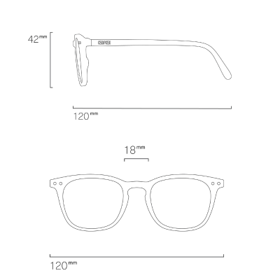 Esquema técnico de óculos com dimensões em milímetros