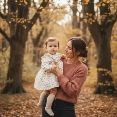 Mulher de camisola castanha segura bebé de vestido branco com flores na floresta