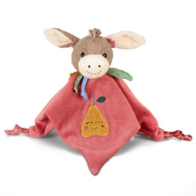 Manta de peluche rosa com cabeça de burro e bordado de pera