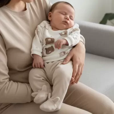 Bebé a dormir vestido de pijama branco com ursos castanhos e calças bege com sapatinhos, segurado por adulto com roupa bege no sofá cinza.