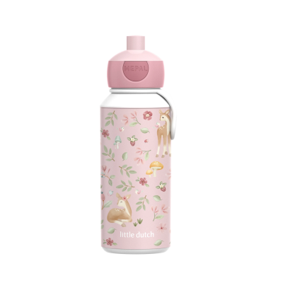 Garrafa infantil rosa decorada com veados, flores e folhas