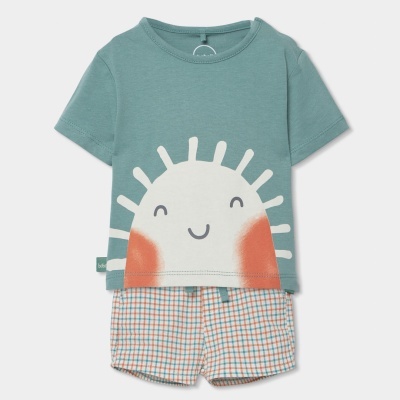 Conjunto criança t-shirt verde-azulado com sol sorridente e calções aos quadrados