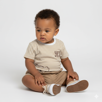 Bebé sentado com roupa bege e branca com texto YES.