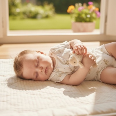 Bebé a dormir com body branco e brinquedo de peluche de ovelha