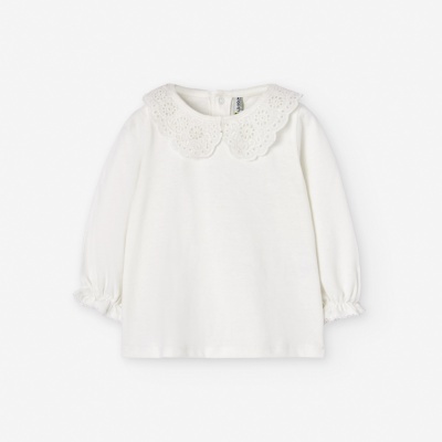 Camisola infantil branca de manga comprida com gola bordada