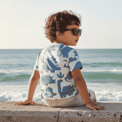 Criança com camisola de dinossauros azuis sentada de costas perto do mar