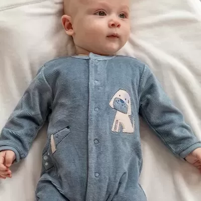 Babygrow azul de bebé com estampas de cães