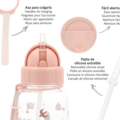 Garrafa transparente com tampa rosa e motivos de pássaros e flores