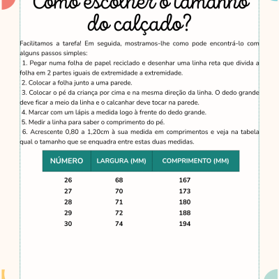 Folheto das instruções para escolher o tamanho do calçado Blanditos by Crio´s