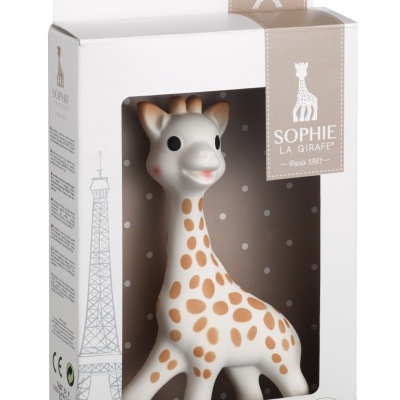 Brinquedo Sophie la girafe caixa branca com giraffe dentro