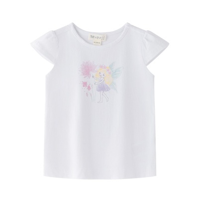 T-shirt branca para criança com estampa de fada e flores