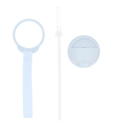 Conjunto de argola, canudo e tampa em silicone azul e plástico transparente