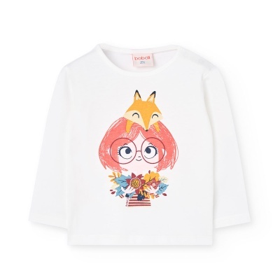 T-shirt branca de manga comprida para criança com desenho de rapariga ruiva, raposa e flores
