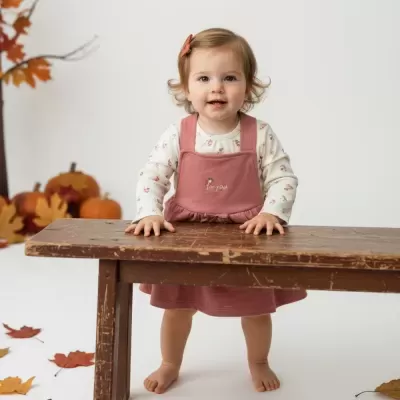 Bebé com vestido rosa e camisola creme com padrão floral junto a mesa de madeira e decoração de outono
