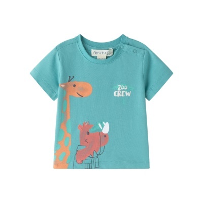 T-shirt turquesa infantil com estampado de girafa e rinoceronte e texto Zoo Crew