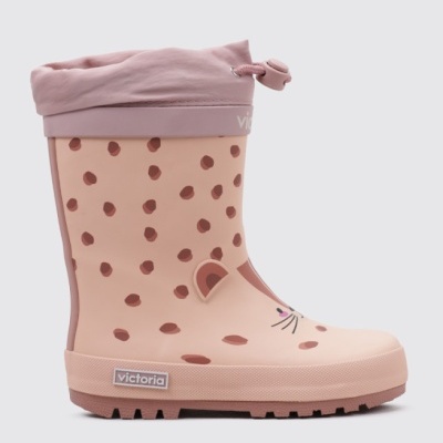 Bota de borracha rosa com manchas e detalhes de gato para criança