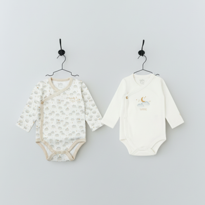 Dois bodies brancos de bebé com padrões de nuvens e lua pendurados em cabides