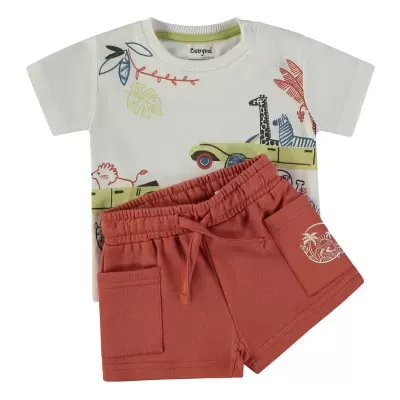 Conjunto de roupa de bebé com t-shirt ilustrada e calções cor de tijolo