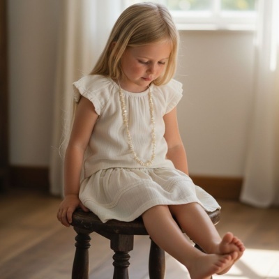 Menina com vestido branco sentada numa cadeira de madeira escura, num ambiente interior iluminado pela luz natural.