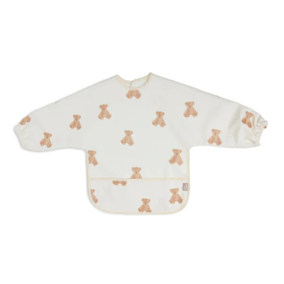 Babete manga comprida branco com padrão de ursos castanhos claros