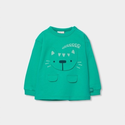 Camisola infantil verde com padrão de rosto de animal e texto GRRRRRR