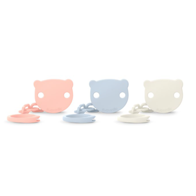Clips para chupeta em silicone rosa, azul e branco em formato de cabeça de urso.