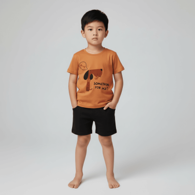 Camisola infantil laranja com estampa de cão e calções pretos