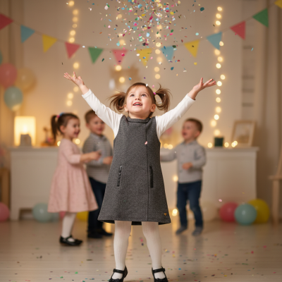 Menina com vestido cinzento e meias brancas numa festa com confetes e balões