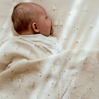 Bebé deitado com manta bege com padrão de patos brancos