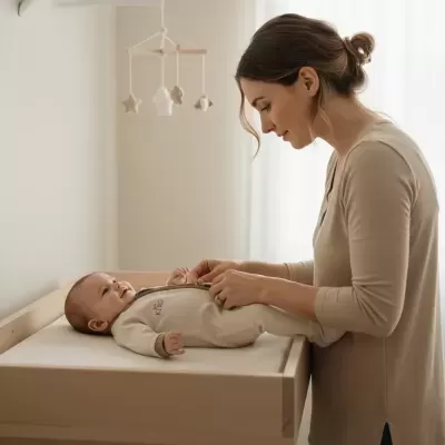 Macacão de bebé bege com fecho, cama mudadora de madeira clara e mó de bebé suspenso