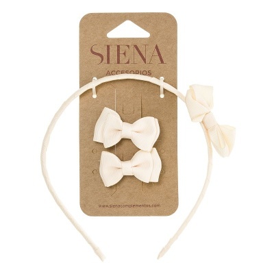 Conjunto de acessórios de cabelo creme com laços da marca SIENA em cartão castanho