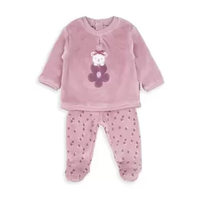 Conjunto de roupa para bebé rosa com ursinho e flores